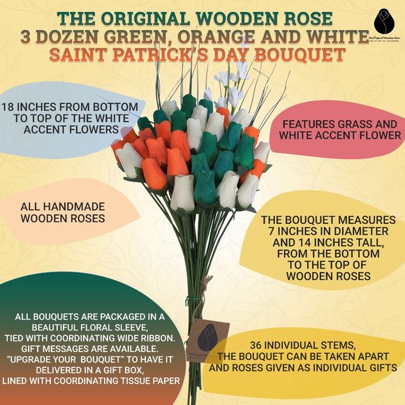 3 Dozen Irish Flag Saint Patty Day Flower Bouquet The Original Wooden Rose - Picture 3 of 8